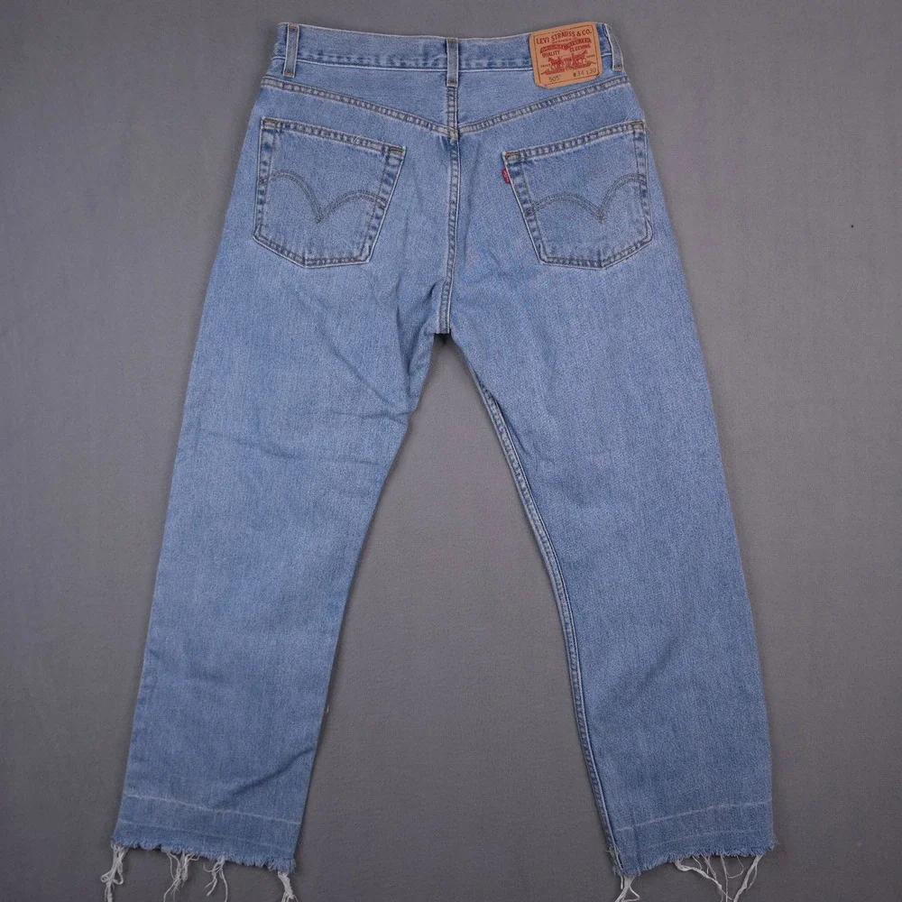 Levis 505 Regular Fit Jeans Light Wash Blue 34x30 Denim Distressed Raw Hem 90s